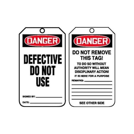 Accuform Safety Tags, DANGER DEFECTIVE DO NOT USE, 5.75in x 3.25in, RP-Plastic, 25PK MDT175PTP